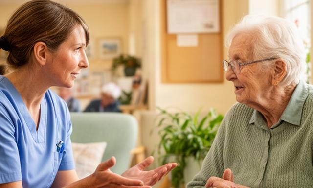 Care worker speaking with an older resident in a welcoming Devon care home