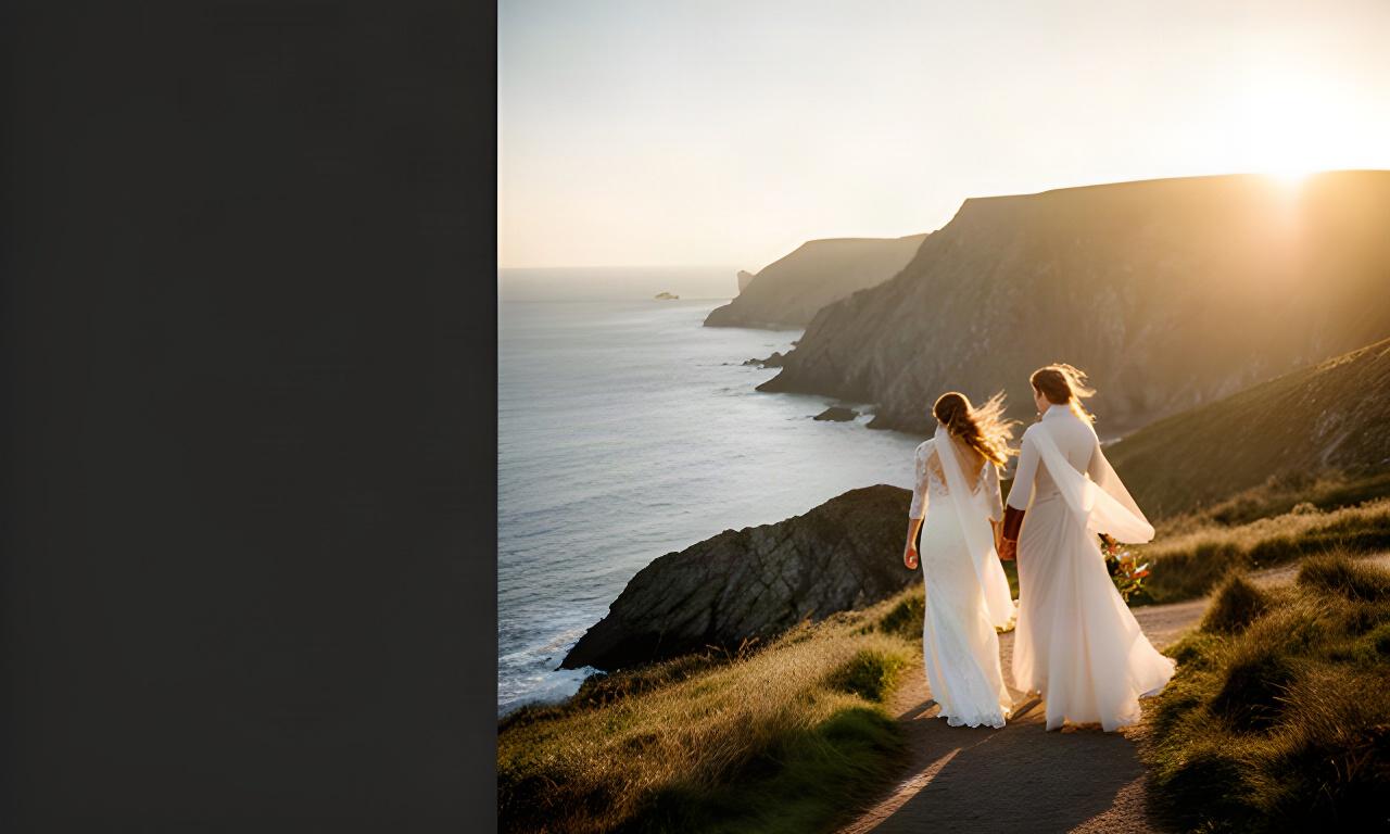 Newly married couple walking along a South Devon coastal cliff at golden hour