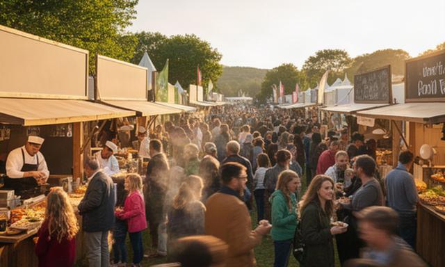 Crowd gathering beside food stalls at a lively Devon food festival in late afternoon