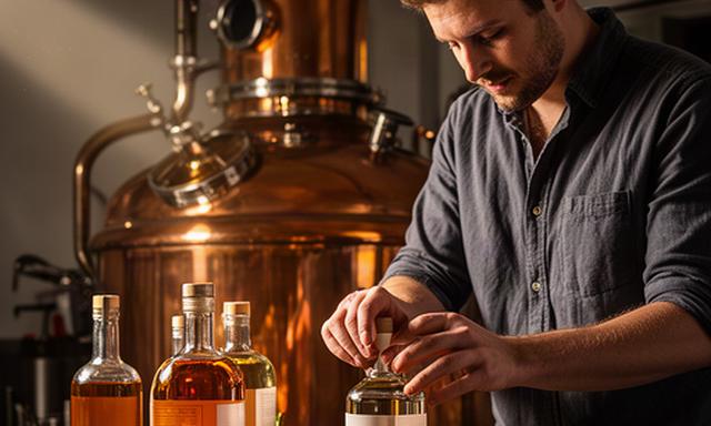 Gin founder labelling bottles beside a copper still in a Devon distillery