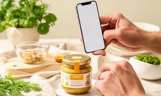 Small product arranged on a styled table beside hands preparing a vertical social media shoot