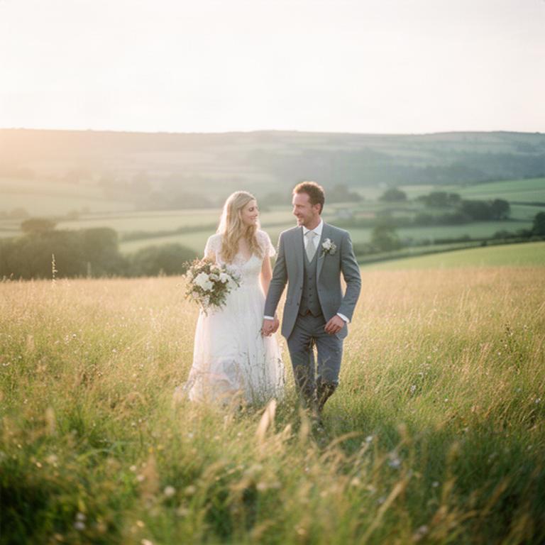 Newly married couple walking through a sunlit Devon meadow after their outdoor ceremony