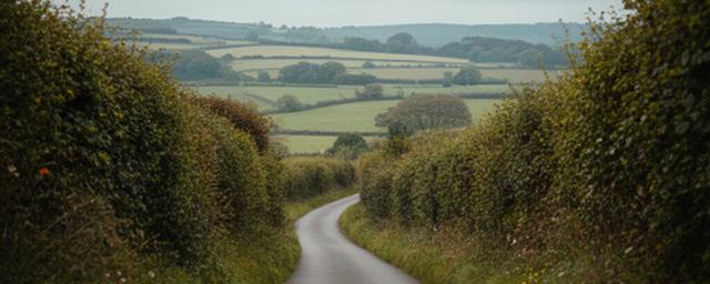 Quiet Devon lane near Peek Lane in South Hams, bordered by hedgerows and open countryside