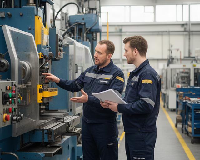 Manufacturing supervisor explaining a safety process beside machinery in a Plymouth factory