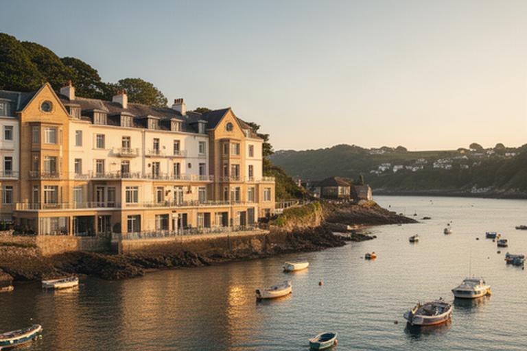 Salcombe harbour hotel exterior at golden hour with boats on the Devon water