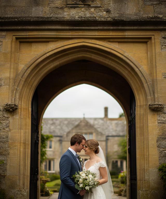 Couple standing beneath a historic Devon venue arch after their ceremony