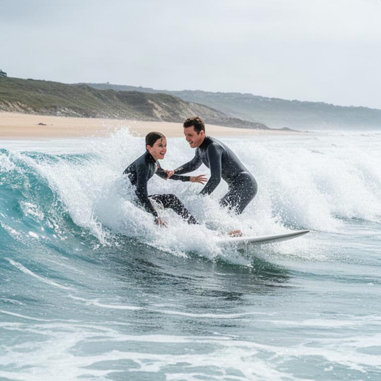 Surf instructor guiding a learner through a breaking wave on a South Hams beach